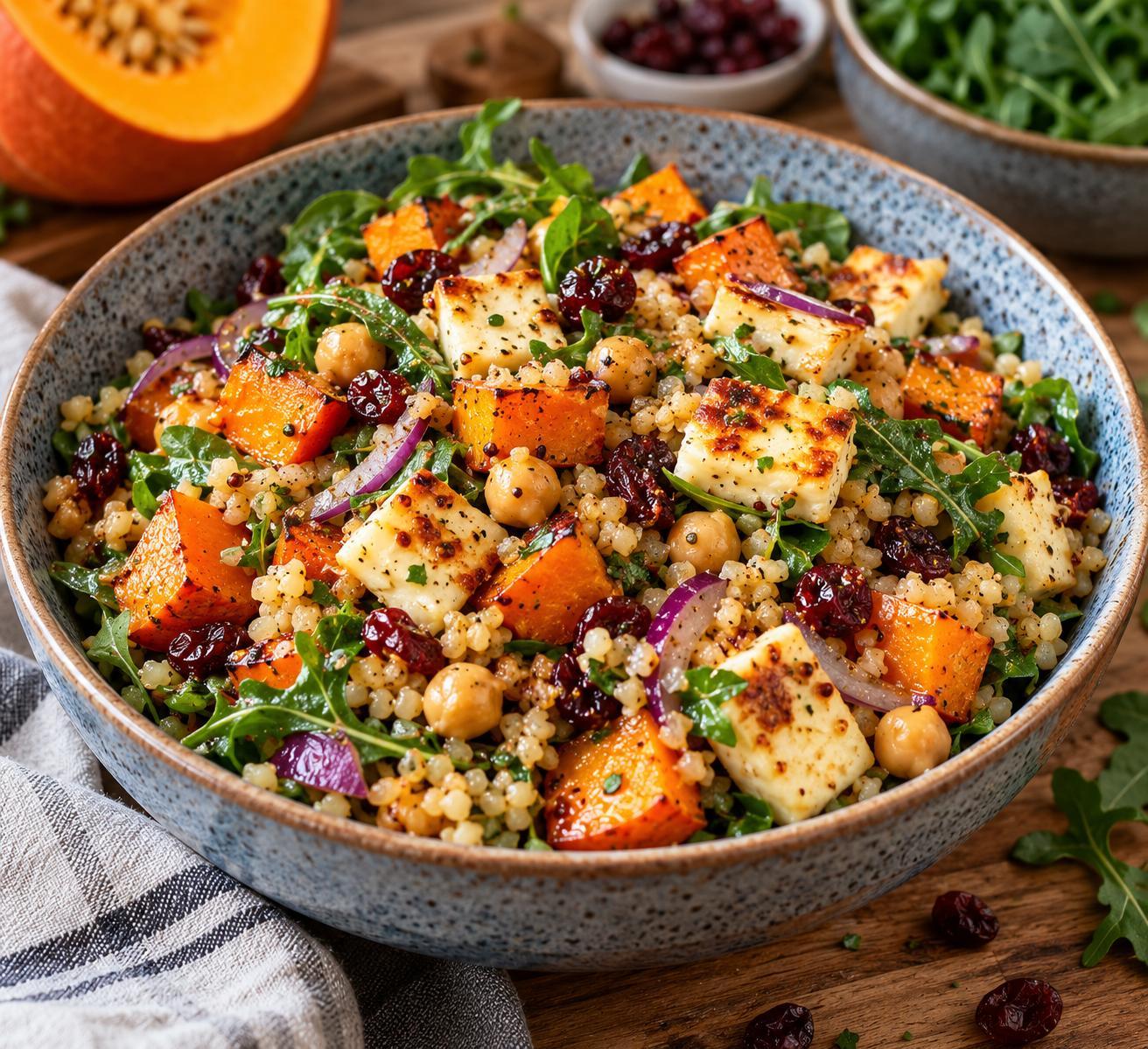 Bulgur Salat mit Ofenkürbis und Halloumi